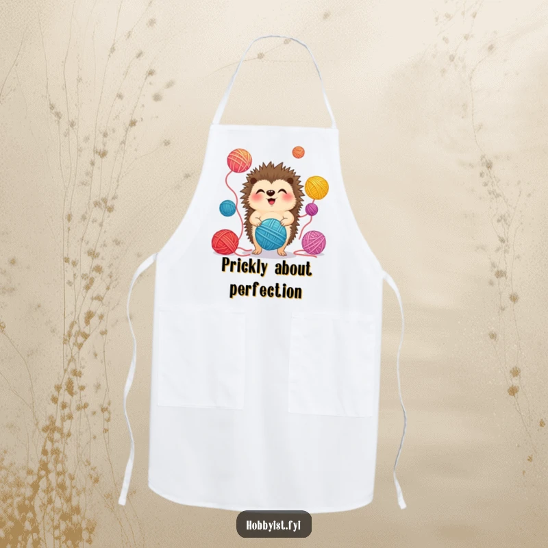 Funny Apron showing a giggling hedgehog juggling colorful yarn balls, ideal for messy crafting and kitchen fun.