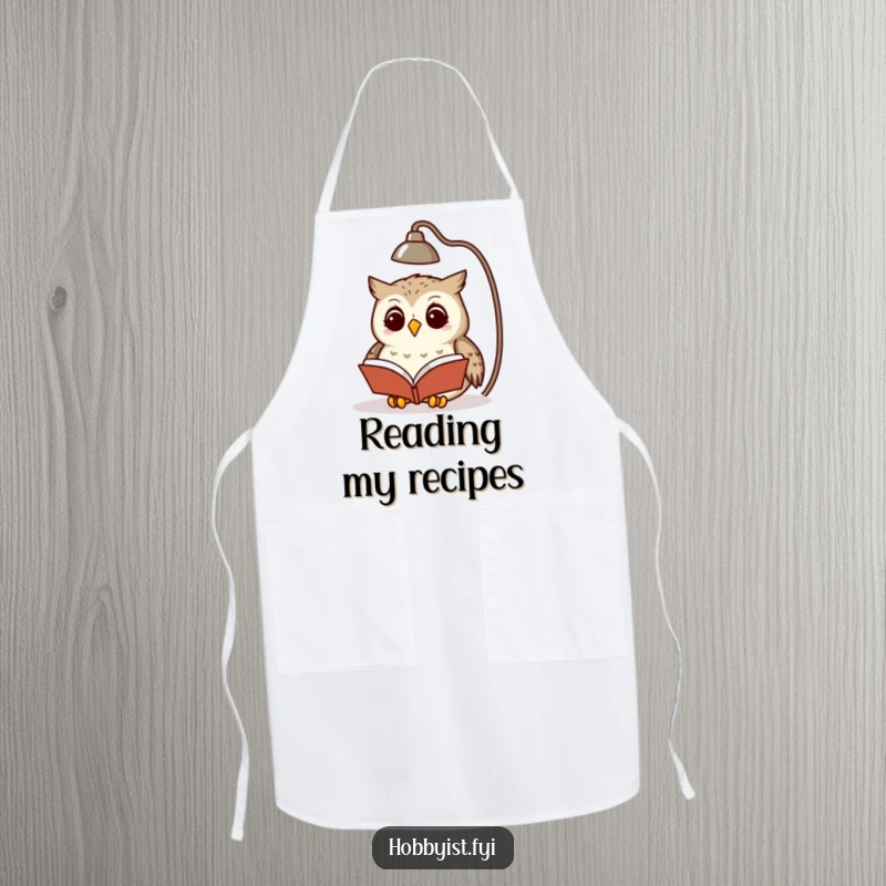 Funny owl wearing glasses, reading a book under a lamp, printed on a functional apron, a clever cooking accessory.