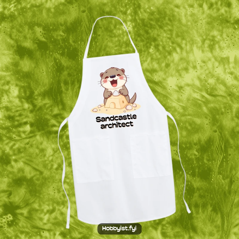 Funny Apron featuring an excited otter building a sandcastle with tiny shells, designed to keep you clean and inspired by the beach.