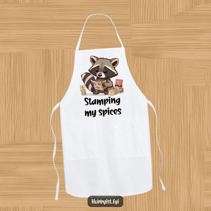 Funny raccoon looking closely at antique stamps, printed on a functional apron, a humorous kitchen accessory.
