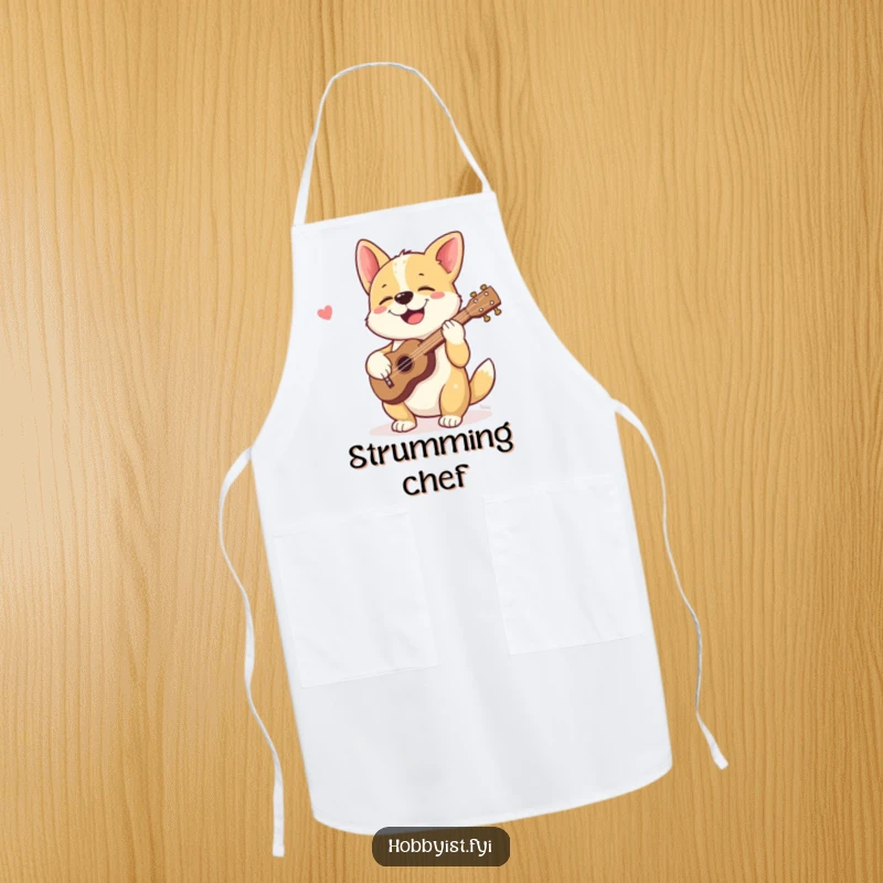 Funny apron showing a giggling dog happily strumming a tiny ukulele, adding humorous musical flair to cooking.