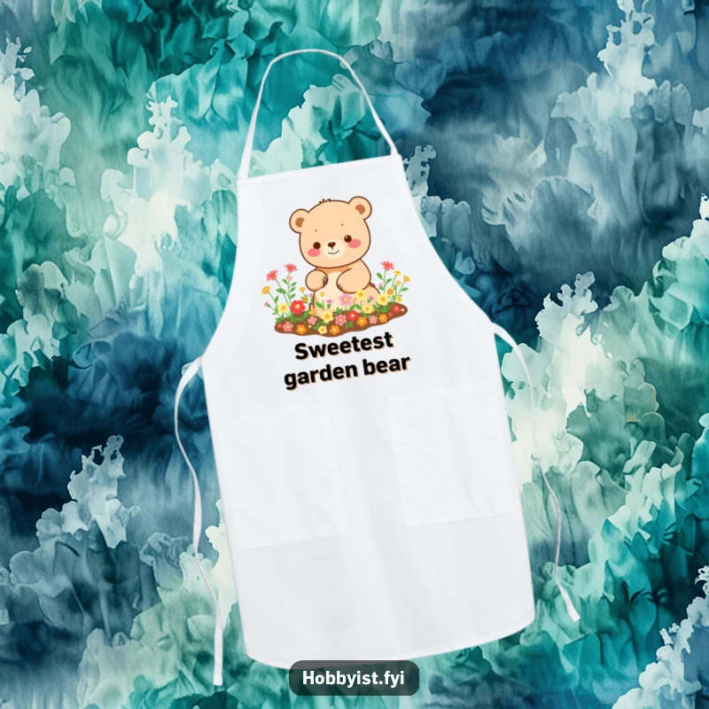 Funny Kawaii bear apron, showing a happy bear tending a miniature garden overflowing with tiny blooms, practical and cute.