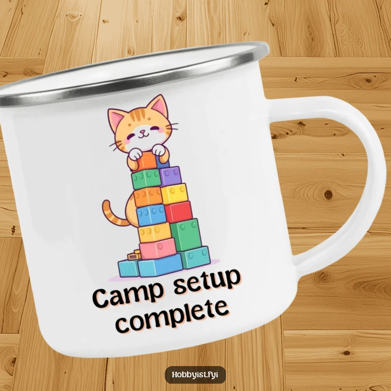 Funny Cat Blocks Tower Camping Mug: A playful cat building a block tower on an enamel mug for outdoor enjoyment.