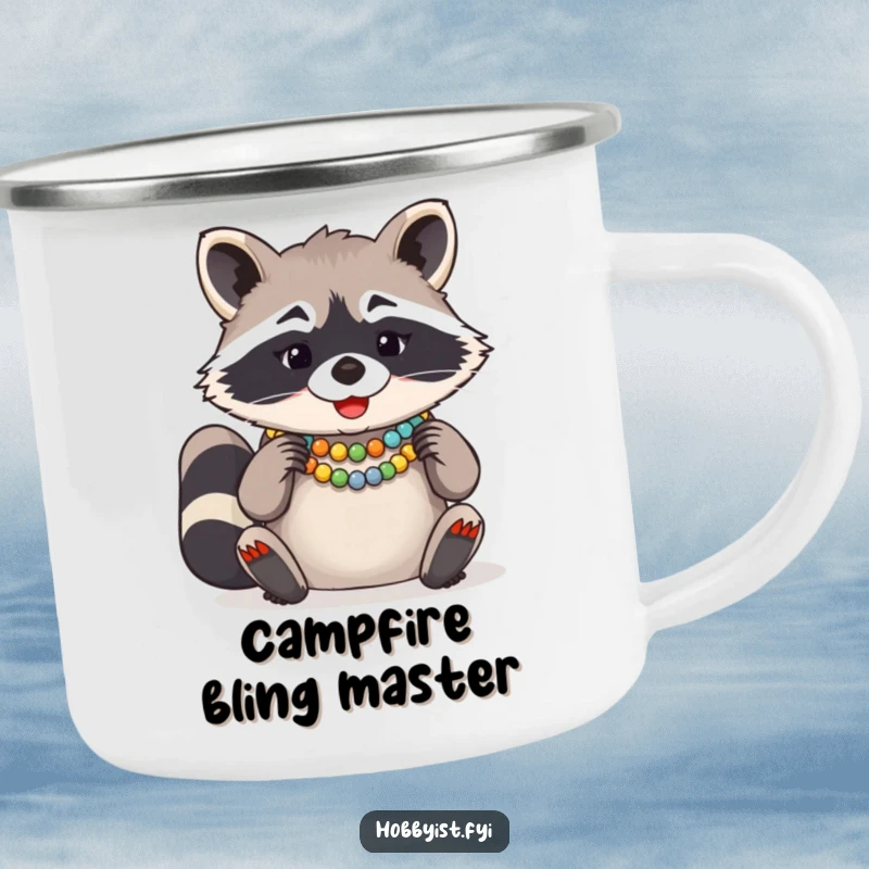Funny Raccoon Bead Necklace Camping Mug, a giggling raccoon arranging colorful beads for a necklace, perfect for outdoor crafting.
