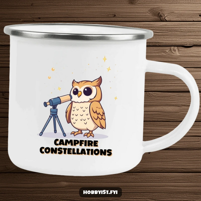 Funny Owl Camping Mug depicts a proud owl gazing through a telescope at the starry sky, bringing cosmic cheer outdoors.