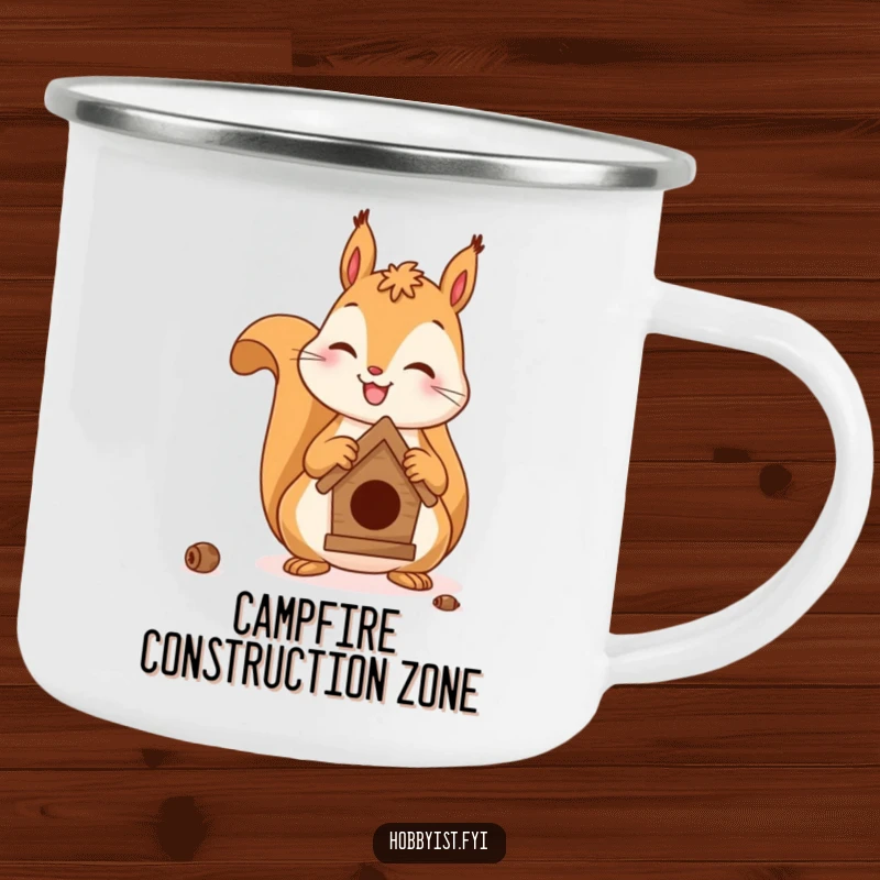 Funny camping mug with a cheerful squirrel building a miniature birdhouse, perfect for outdoor enthusiasts and crafters.
