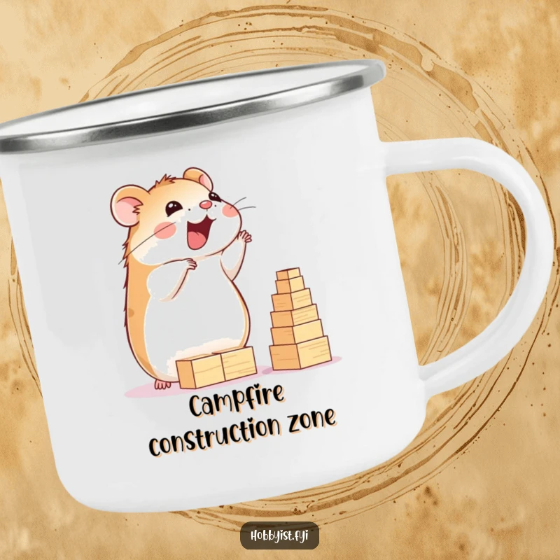 Funny Hamster Camping Mug: A delighted hamster happily builds a towering structure of tiny wooden blocks, perfect for outdoor construction fun, a fun funny gift.
