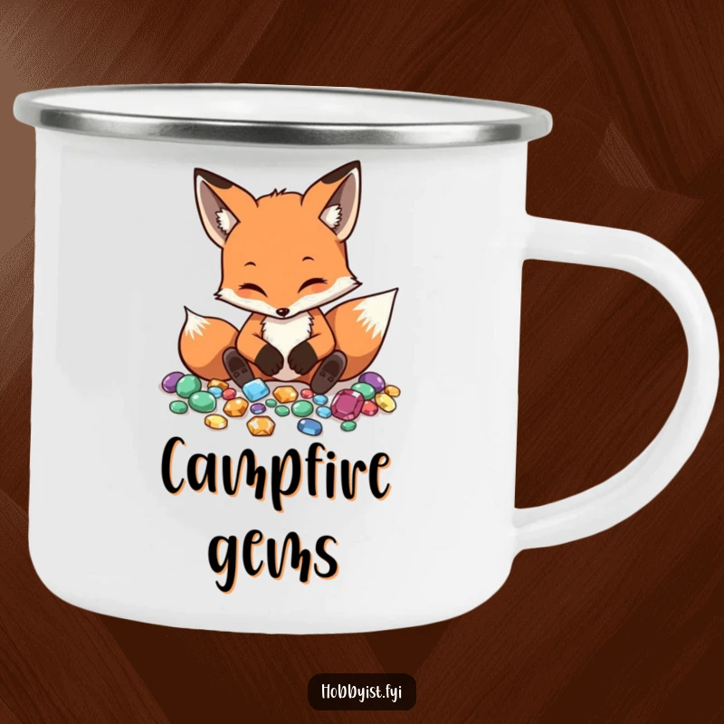 Funny Fox Camping Mug depicts a diligent fox arranging gemstones, bringing a touch of refined adventure to the outdoors.