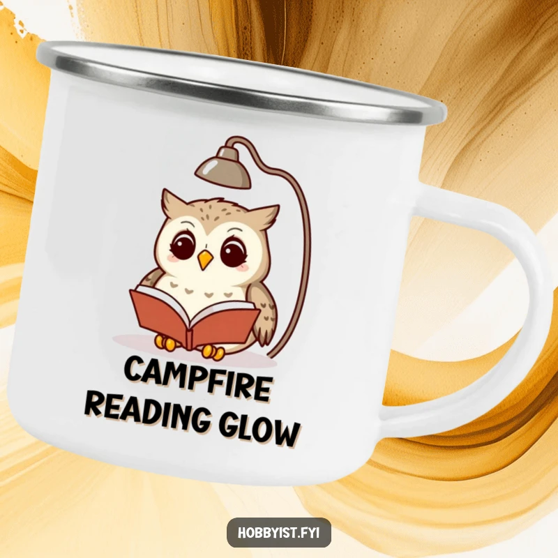 Funny owl reading a book by lamplight, on a sturdy enamel camping mug, perfect for cozy outdoor moments.