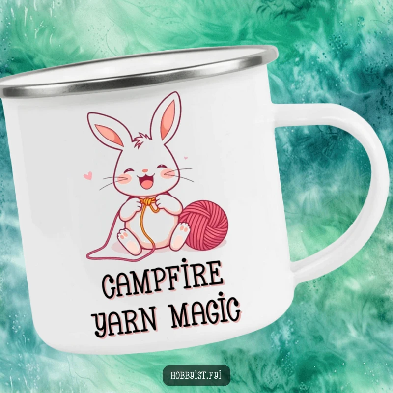 Funny Camping Mug featuring a joyful rabbit enthusiastically knitting a colorful yarn ball, inspiring cozy crafting even in the great outdoors.