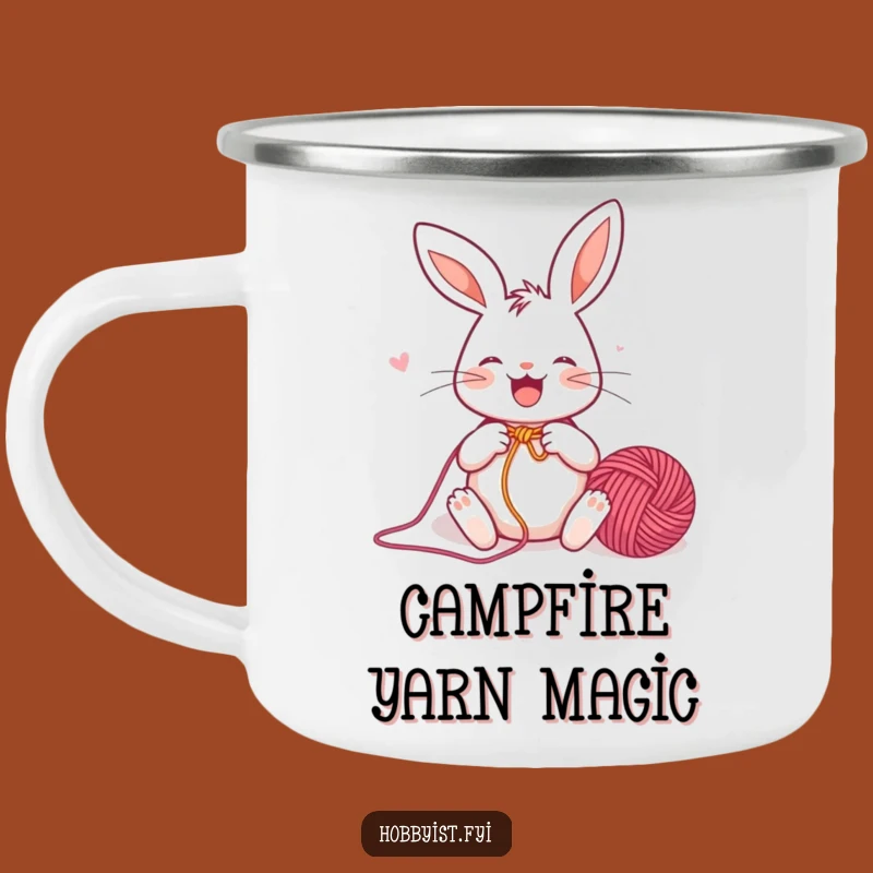 Funny Rabbit Knitter Camping Mug: Joyful Bunny Crafting Outdoors, Perfect Gift