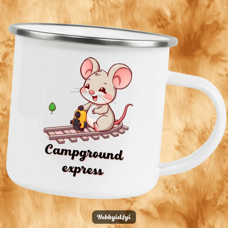 Funny cheerful mouse character happily playing with a miniature train set on a durable camping mug for outdoor fun.