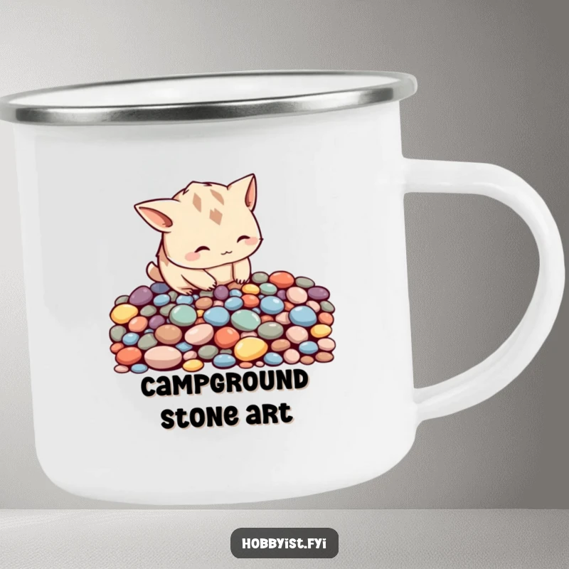 Funny curious creature with pointy ears meticulously arranging colorful pebbles into a pattern, on a rugged enamel camping mug.