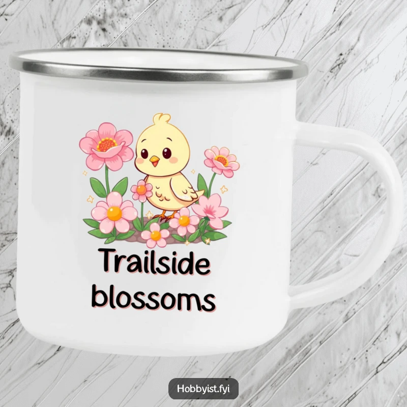 Funny happy bird tending a garden of sparkling flowers, ideal for a humorous camping mug, ready for outdoor fun.