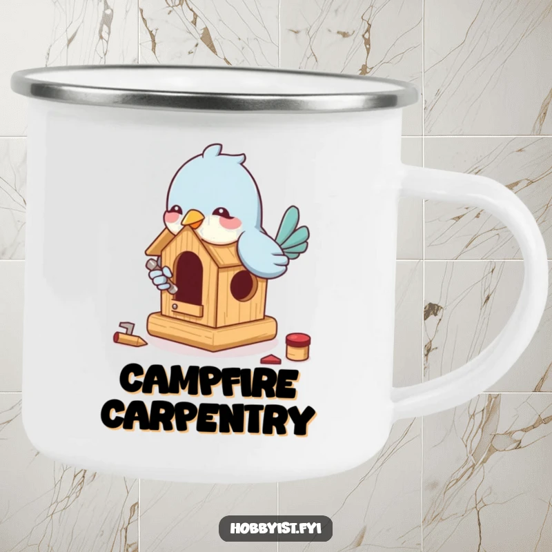 Funny Birdhouse Builder Camping Mug: A playful bird enthusiastically builds a miniature birdhouse with tiny tools, ideal for outdoor projects and humor.