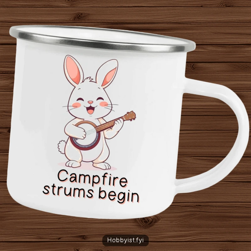 Funny camping mug depicting a happy bunny enthusiastically playing a miniature banjo, ready for outdoor adventures.