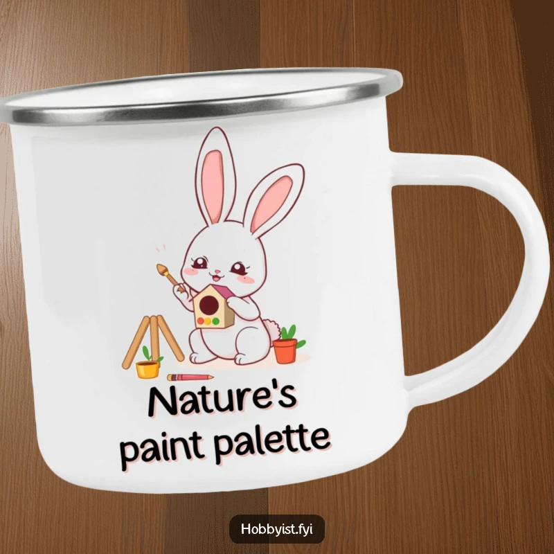 Funny Camping Mug showcasing a cute kawaii bunny artist painting a tiny, colorful birdhouse, perfect for enjoying nature and art.