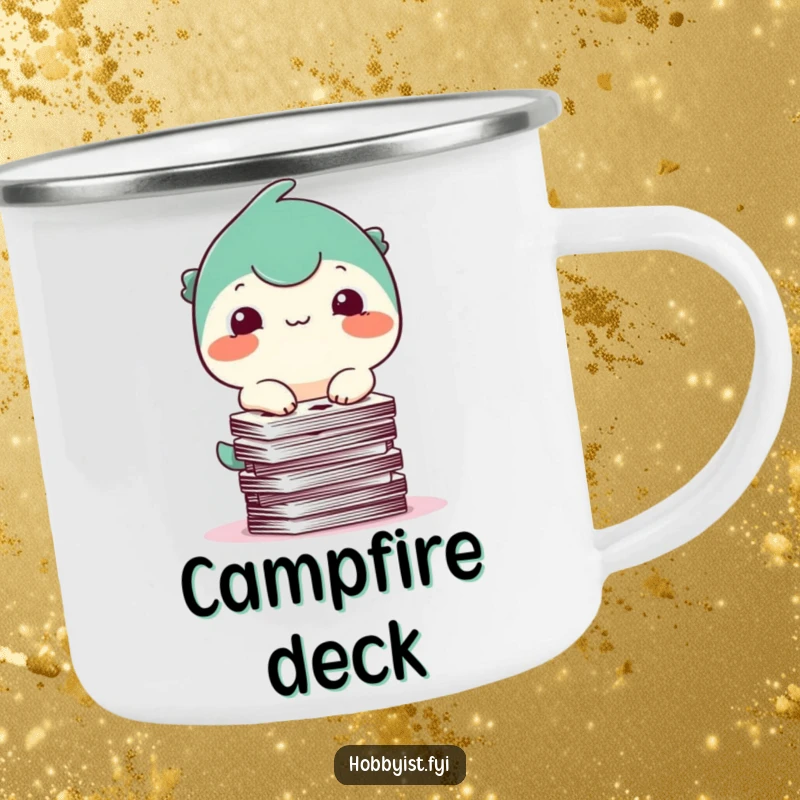 Funny Camping Mug: A happy creature with a small smile tries to balance a stack of playing cards, perfect for outdoor humor.
