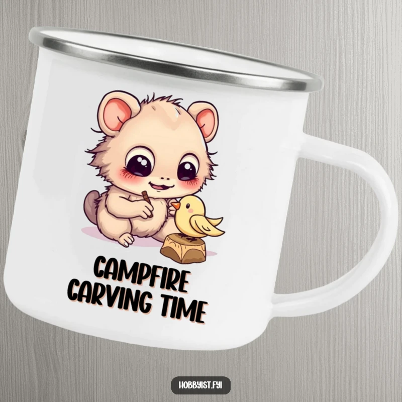 Funny cheerful creature with large eyes diligently carving a tiny wooden bird, on a rugged enamel camping mug.