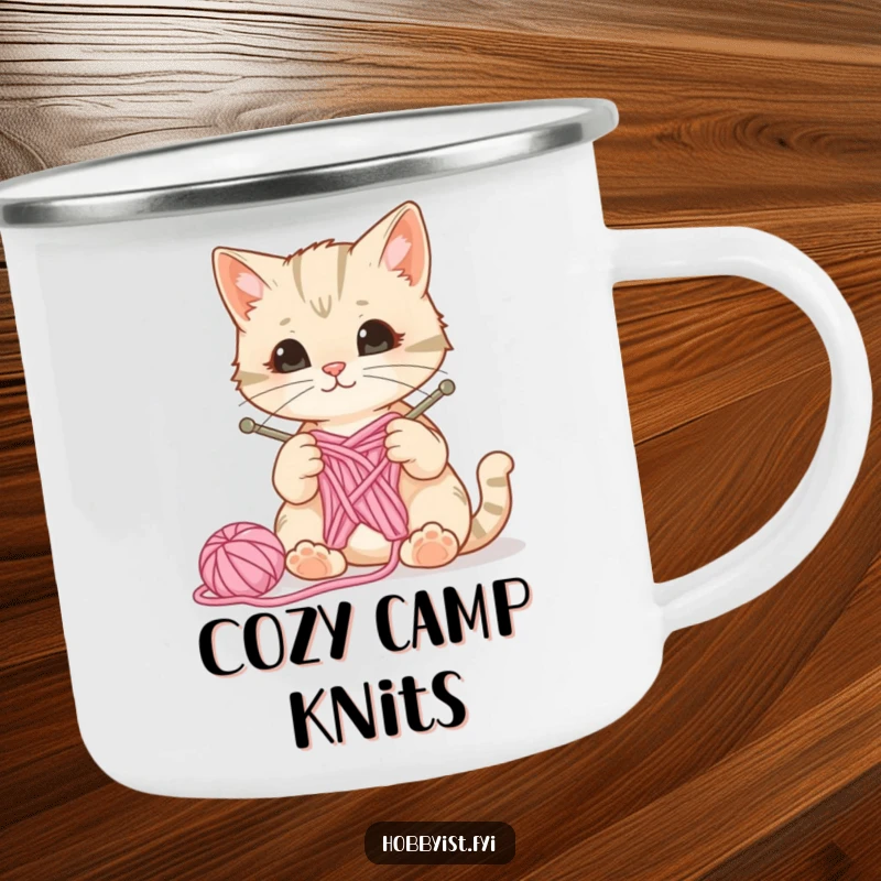 Funny enamel camping mug featuring a curious cat with knitting needles and yarn, a ball of wool bouncing, perfect for outdoor knitters.