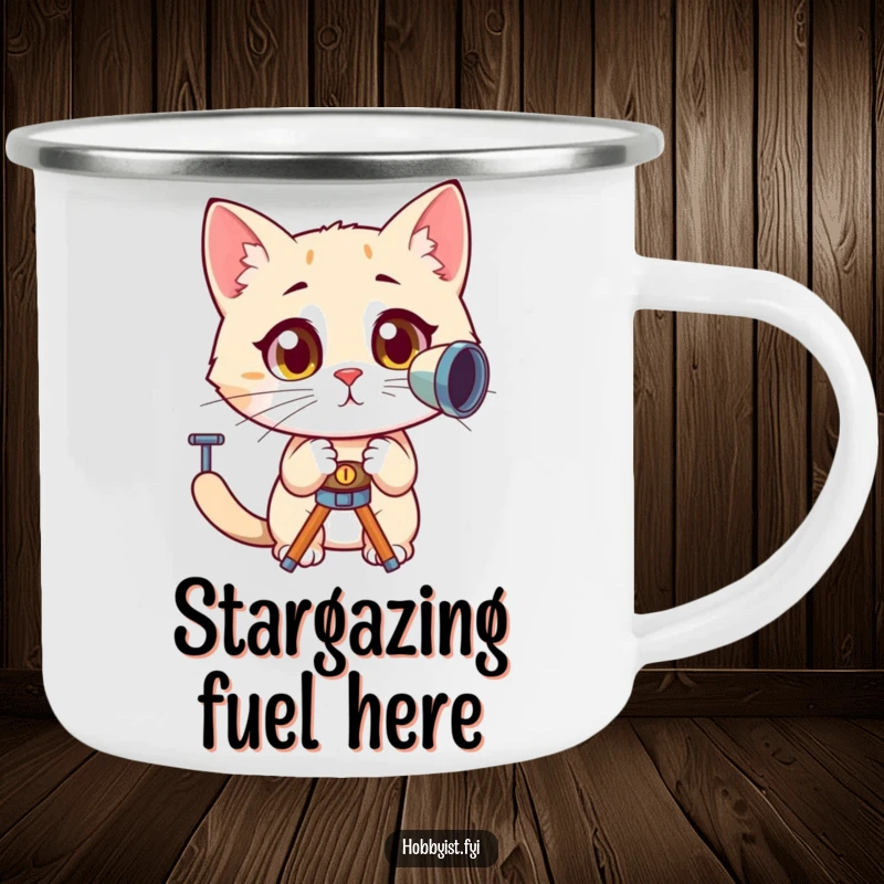 Funny, curious cat with wide, amazed eyes looking through a telescope, designed for a durable camping mug, perfect for outdoor stargazing.