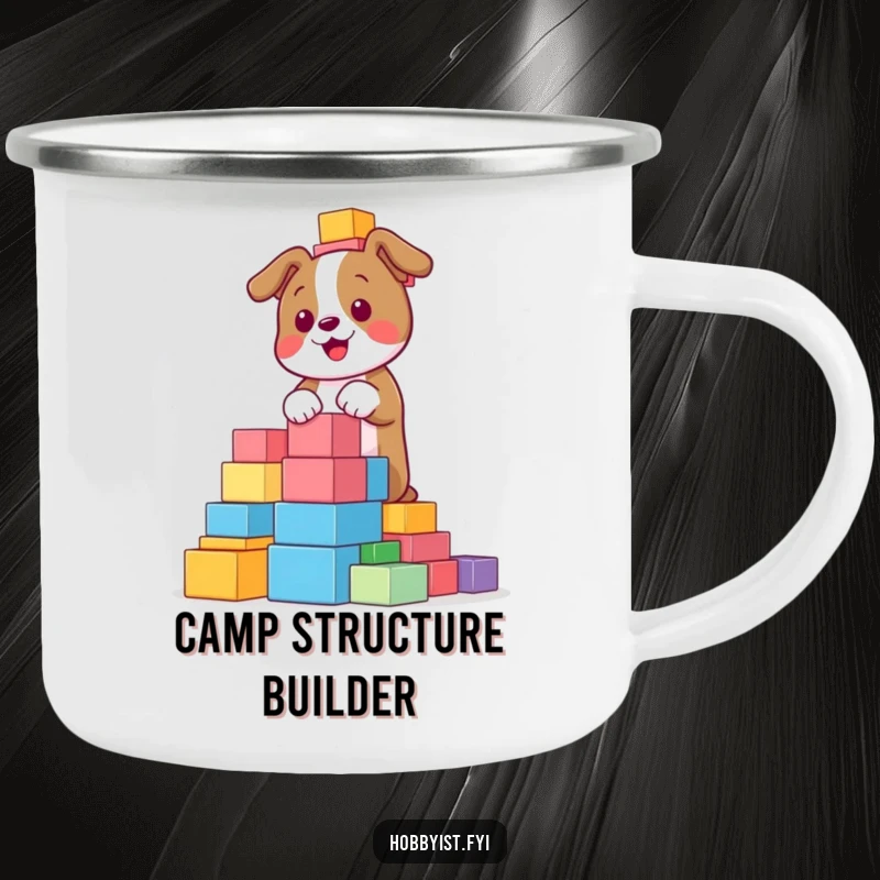 Funny, playful dog building a towering structure with colorful blocks, designed for a durable camping mug, perfect for outdoor play.