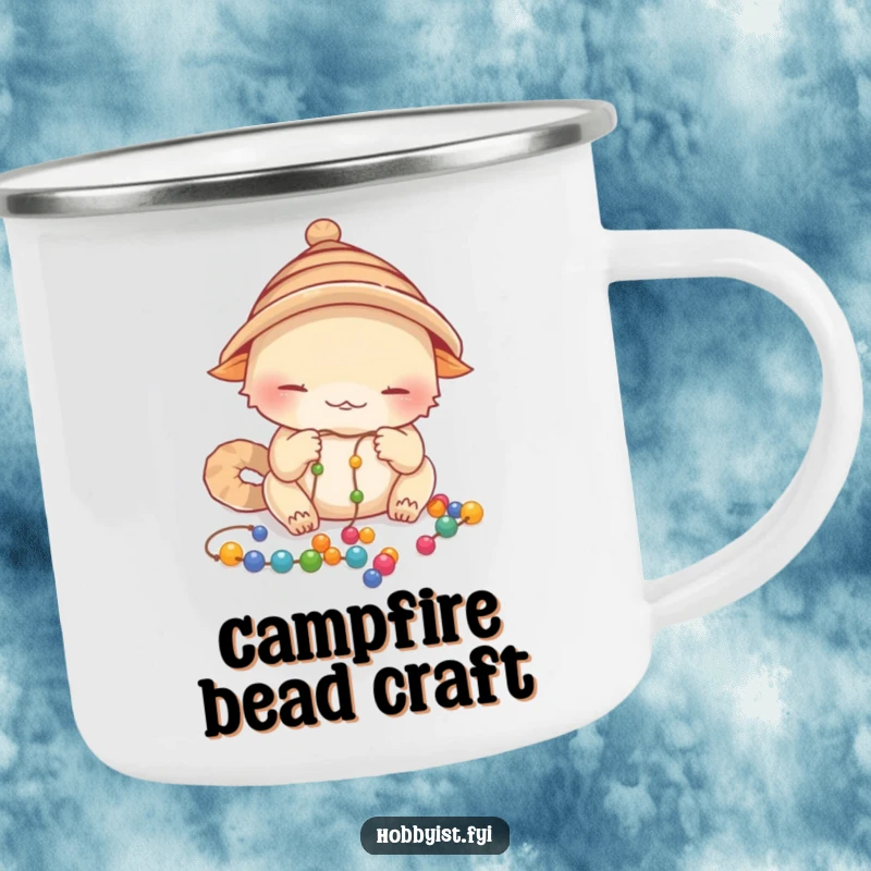 Funny Focused Creature Camping Mug: a creature with a tiny hat meticulously stringing colorful beads onto a fine thread, a sturdy funny gift.