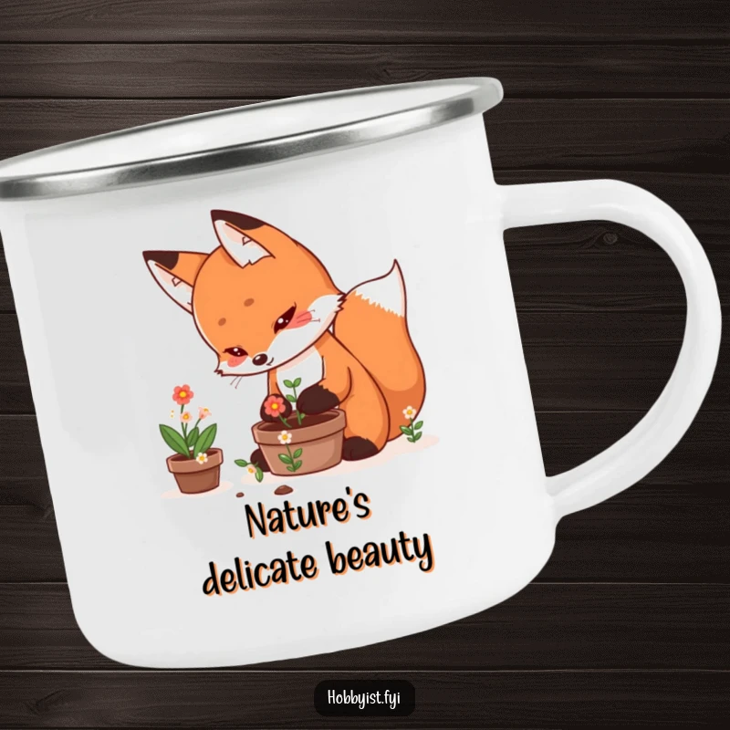 Funny Camping Mug showcasing a determined kawaii fox meticulously tending a miniature pot of blooming flowers, perfect for nature lovers.