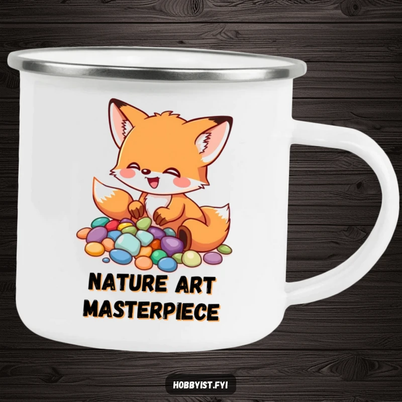 Funny Fox Camping Mug: A little fox excitedly arranges colorful pebbles into a mosaic, perfect for outdoor creativity, a fun funny gift.