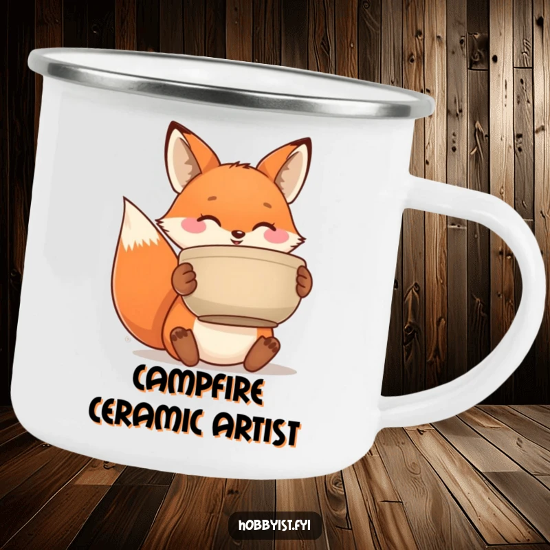 Funny camping mug featuring a happy fox proudly holding a handmade ceramic pot, perfect for art enthusiasts on the go.