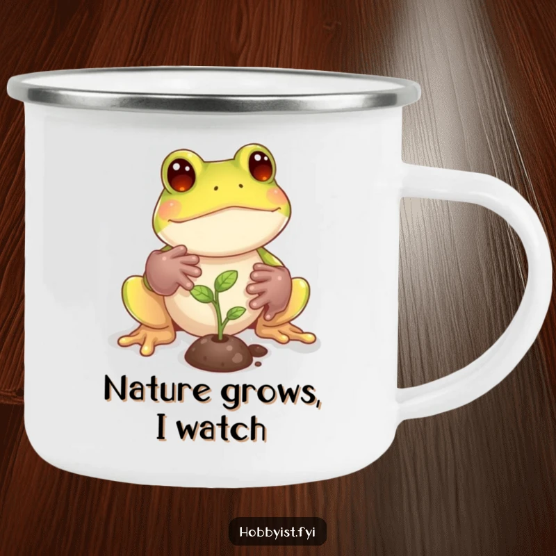 Funny Frog Camping Mug: A playful frog with tiny gardening gloves tends to a miniature sprout, perfect for outdoor gardening, a fun funny gift.