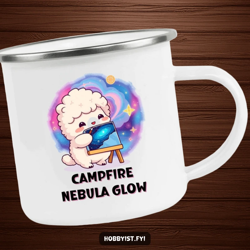 Funny fluffy creature painting a vibrant swirling galaxy on a small canvas, on a rugged enamel camping mug.