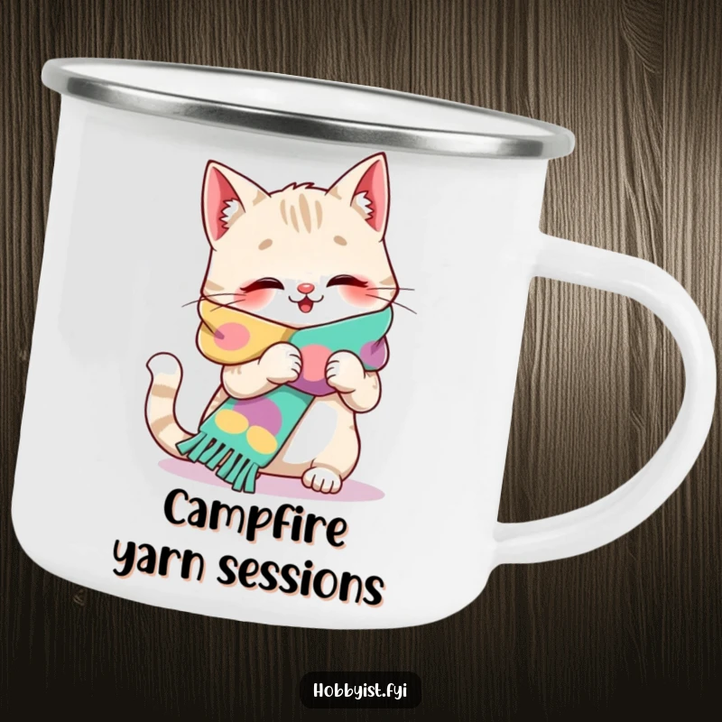 Funny cat camping mug, giggling cat knitting a vibrant scarf, perfect for outdoor crafters.