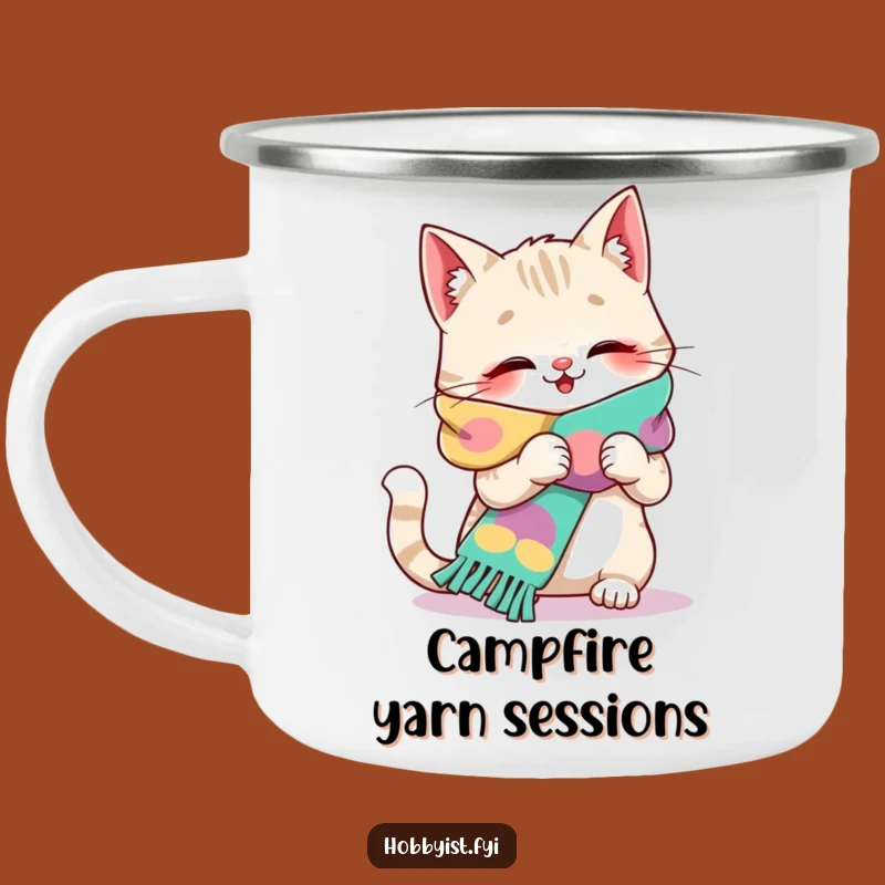 Funny Giggling Cat Knitting Camping Mug - Adventure-Ready Hobby Gift