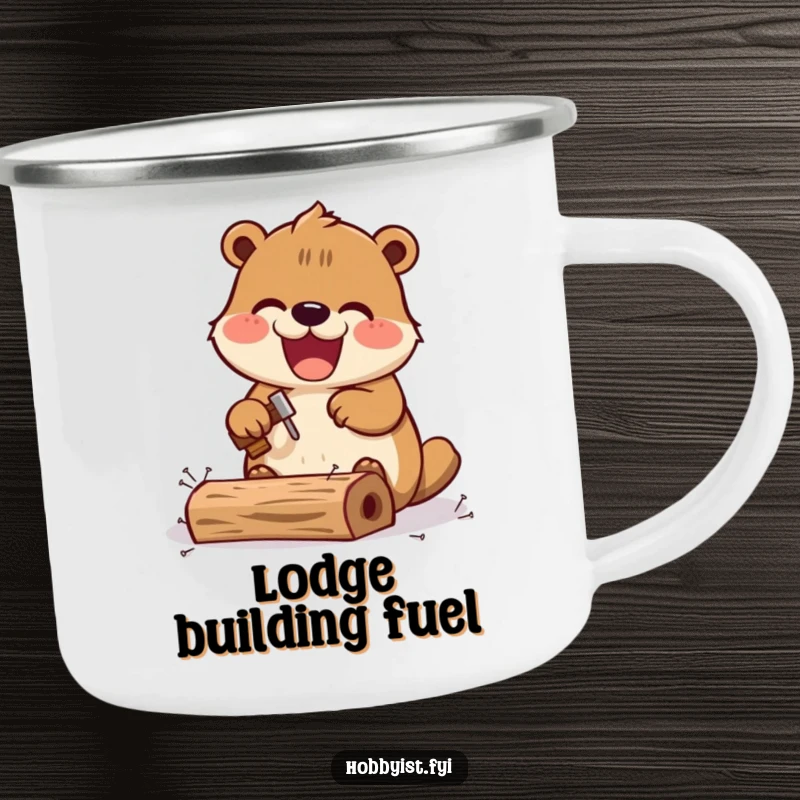 Funny Kawaii beaver camping mug, featuring an excited beaver hammering tiny nails, perfect for outdoor brews and projects.