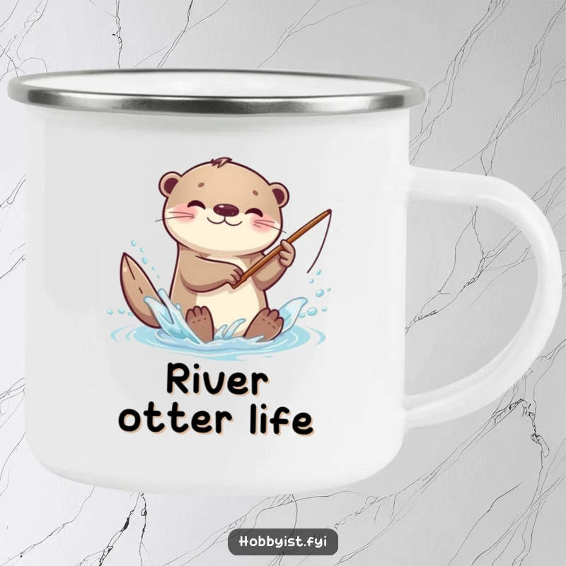Funny kawaii otter camping mug, showing an otter splashing with a tiny fishing rod, ideal for outdoor adventures.