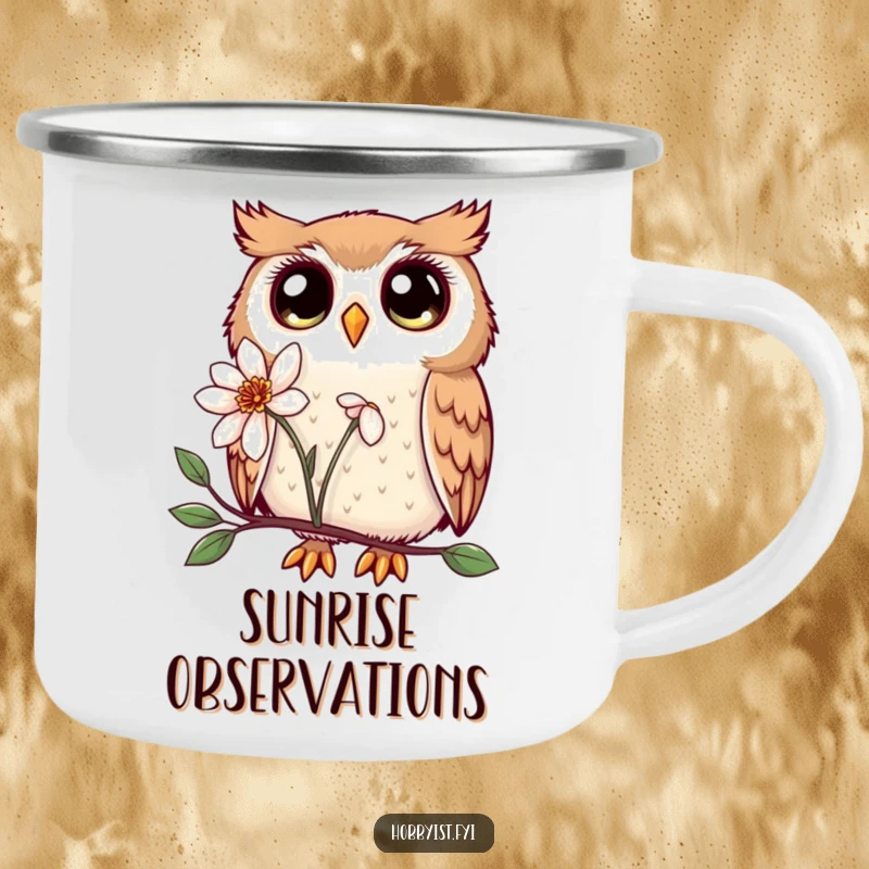 Funny Kawaii owl camping mug, with enchanting eyes, curiously observing nature, perfect for outdoor brews and adventures.