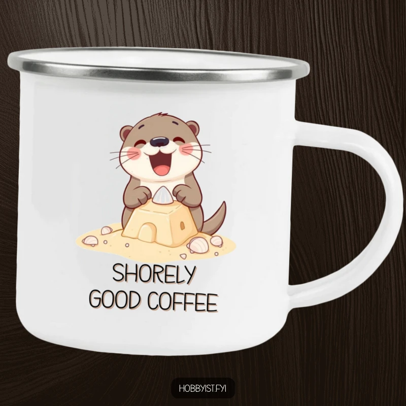 Funny Camping Mug featuring an excited otter building a sandcastle with tiny shells, bringing beach vibes to outdoor adventures.