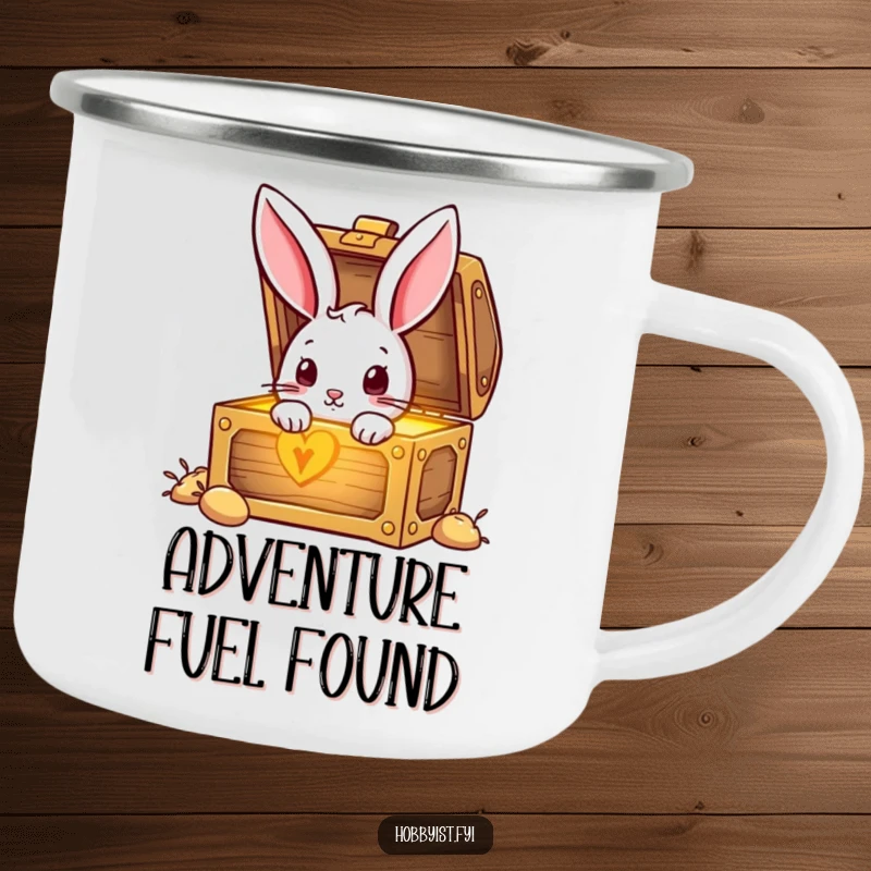 Funny Rabbit finding a glowing treasure chest, ideal for a humorous camping mug, ready for outdoor adventures.