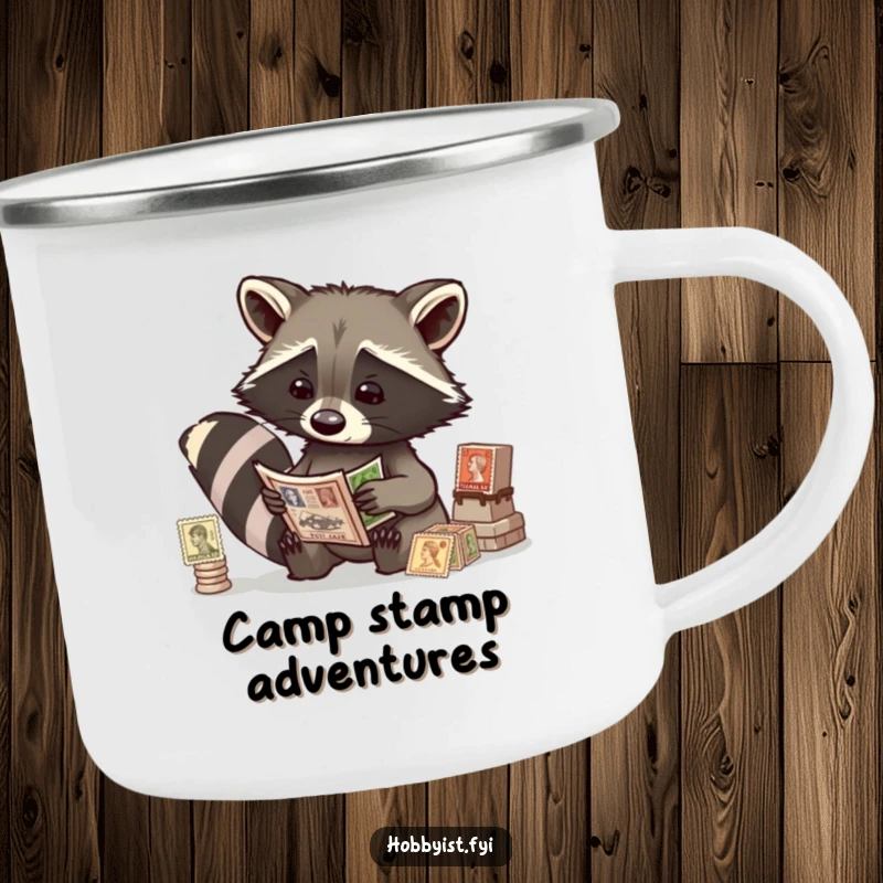 Funny raccoon examining vintage stamps, on a sturdy enamel camping mug, perfect for outdoor collecting excursions.