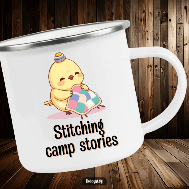 Funny Hazelnut Camping Mug showing a small bird with a thimble, happily sewing a tiny quilt, ready for outdoor crafting.
