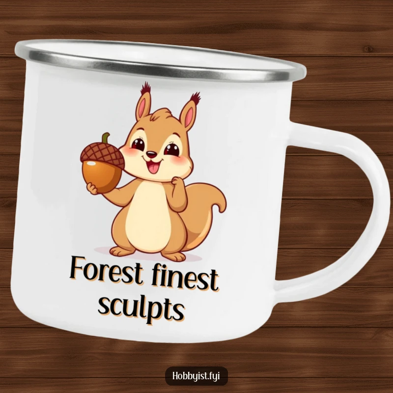 Funny enamel camping mug featuring a cheerful squirrel proudly presenting a perfectly crafted acorn sculpture, ideal for outdoor artists.