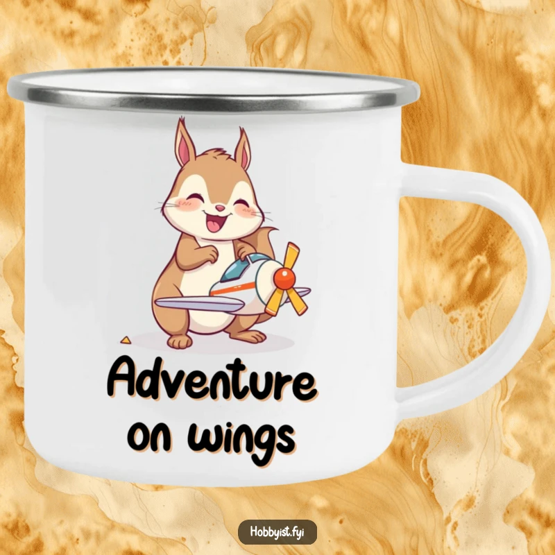Funny Camping Mug showcasing a joyful kawaii squirrel happily assembling a miniature model airplane, perfect for enjoying nature and building.