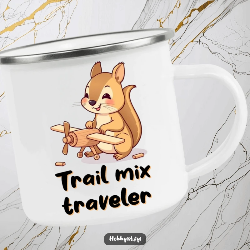 Funny Camping Mug featuring a happy squirrel meticulously assembling a small wooden model airplane, inspiring creativity even in nature.