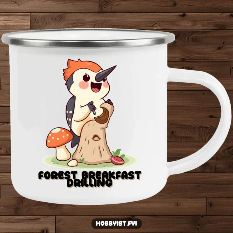 Funny camping mug featuring a joyful woodpecker drilling a tiny hole into a mushroom, perfect for enjoying nature.