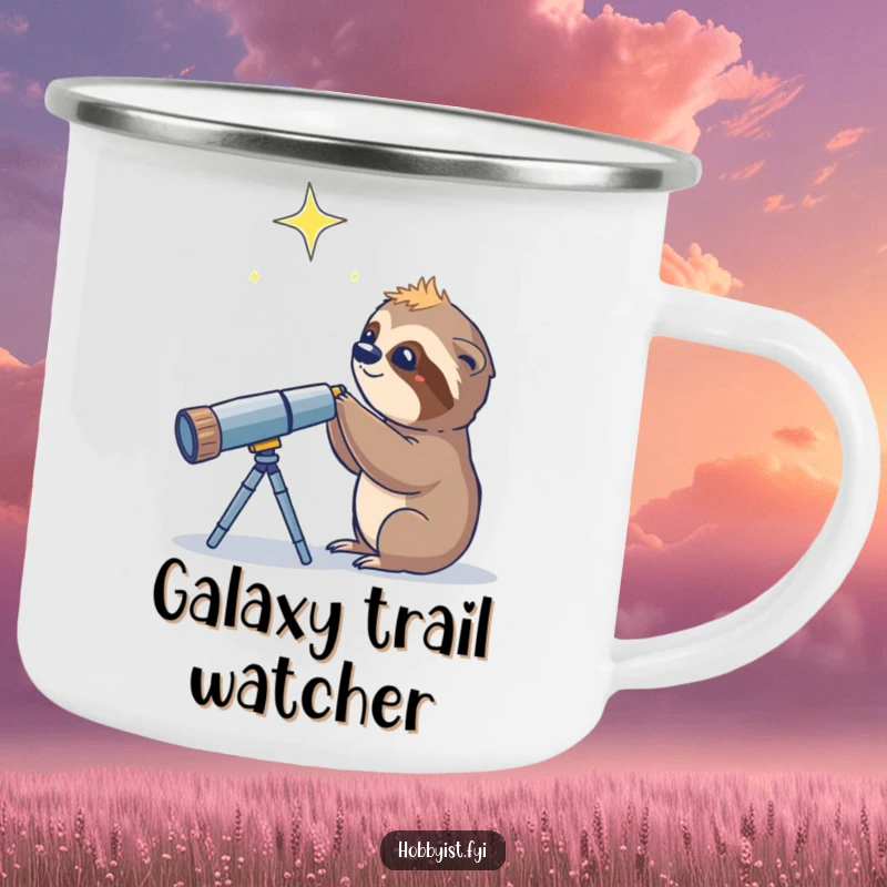 Funny Sloth Telescope Star Camping Mug, a curious sloth looking through a telescope at a twinkling star, for outdoor stargazing.