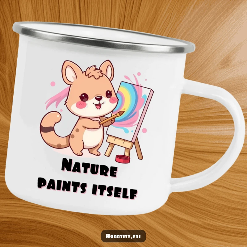 Funny Artist Animal Camping Mug: A cheerful animal artist painting a swirl on an enamel mug for outdoor enjoyment.