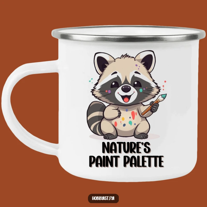 Funny Raccoon Campfire Mug - Delighted Painter, Outdoor Artist Gift, Rugged Creative Fun