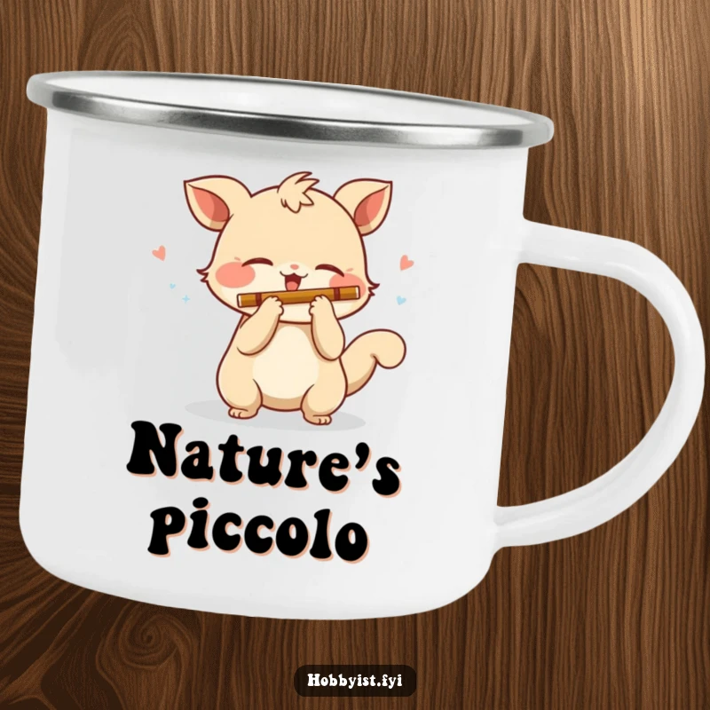 Funny Camping Mug: A playful creature with a wagging tail enthusiastically plays a miniature flute, perfect for outdoor music lovers.