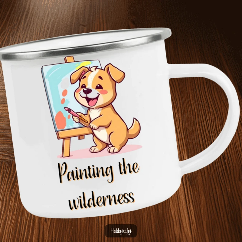 Funny Dog Artist Camping Mug: A cheerful dog joyfully paints a vibrant canvas with broad strokes, ideal for outdoor art and humor.